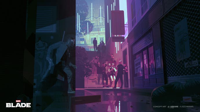 Art conceptuel pour Marvel's Blade montrant Blade furtif dans les rues de Paris.