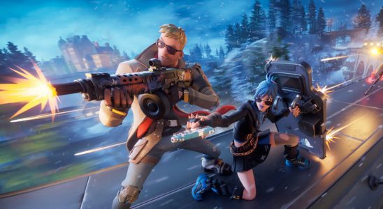 Header image for Fortnite Chapter 5 showing a man holding an assault rifle firing to the left while a woman kneels with a shield behind him. They are on top of a train going through a wintry wooded area.