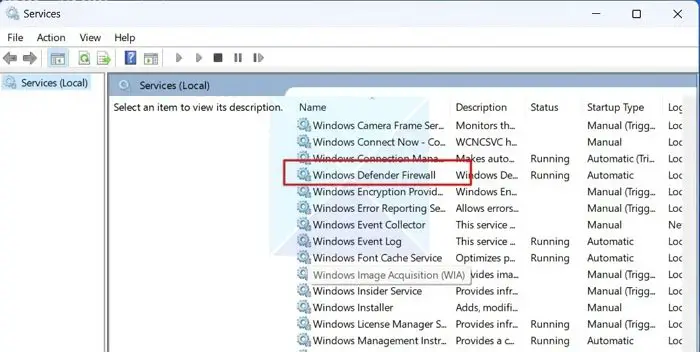Ouvrez le pare-feu Windows Defender à partir de l'application Services