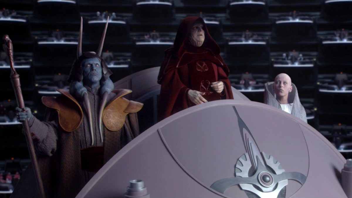 Palpatine s'adresse au Sénat dans Star Wars : La Revanche des Sith.  Cette image fait partie d'un article sur l'allégorie de la guerre du Vietnam de Star Wars, expliquée