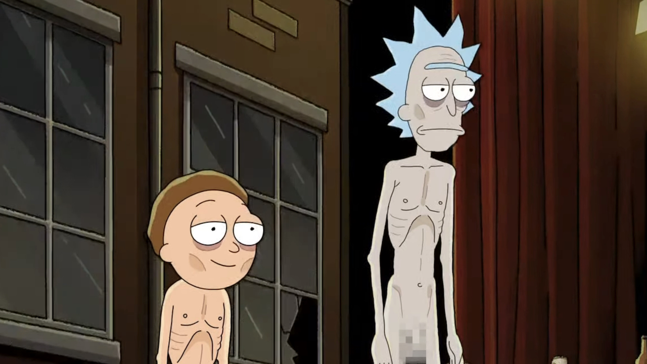 Rick et Morty nus sur scène lors de la finale de la saison 7 de Rick et Morty