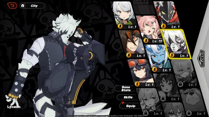 menu de sélection de personnage avec ycaon affiché à gauche, qui est un loup blanc humanoïde