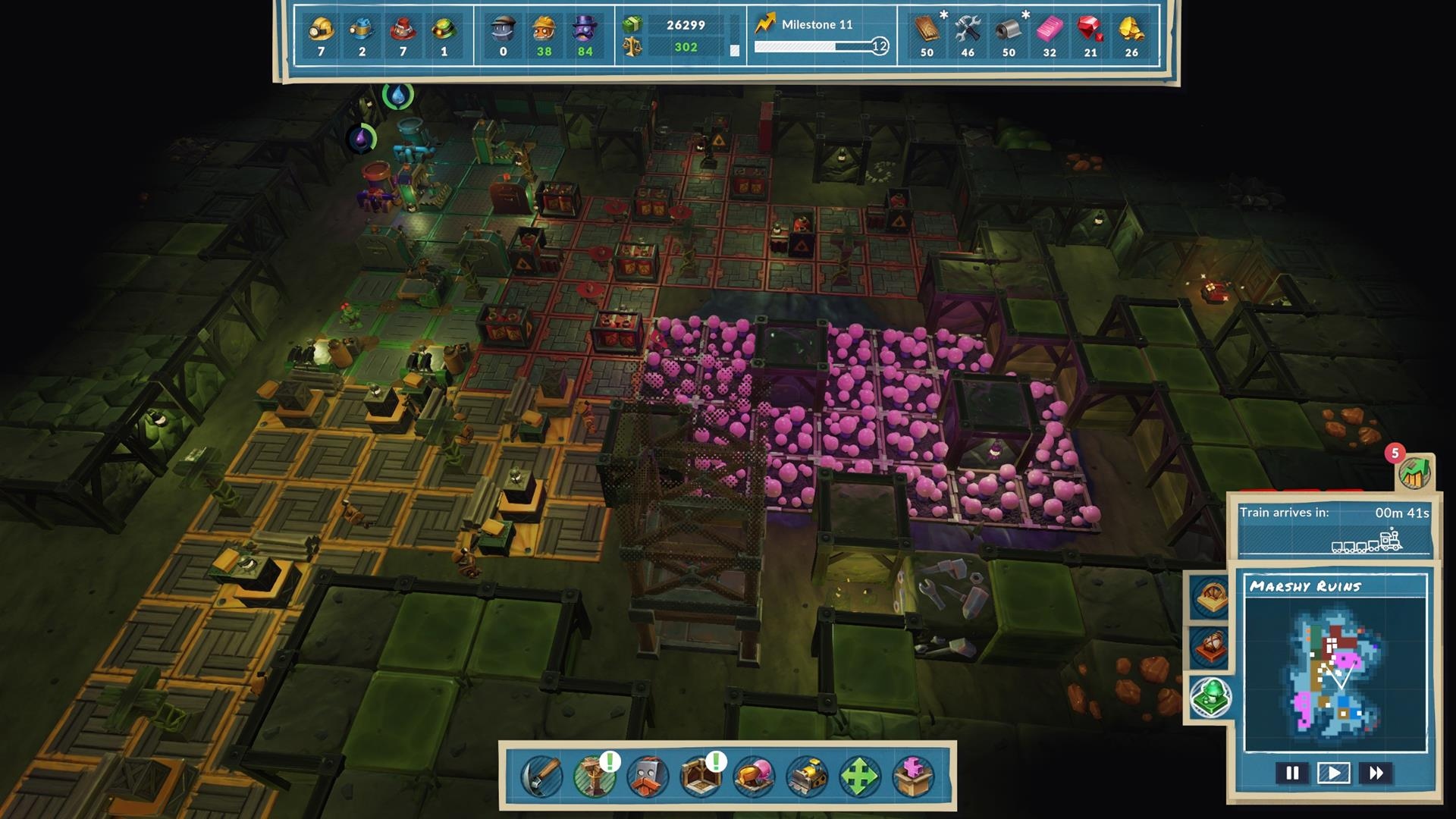 Steamworld Build : perspective descendante d'une mine contenant du minerai violet. 