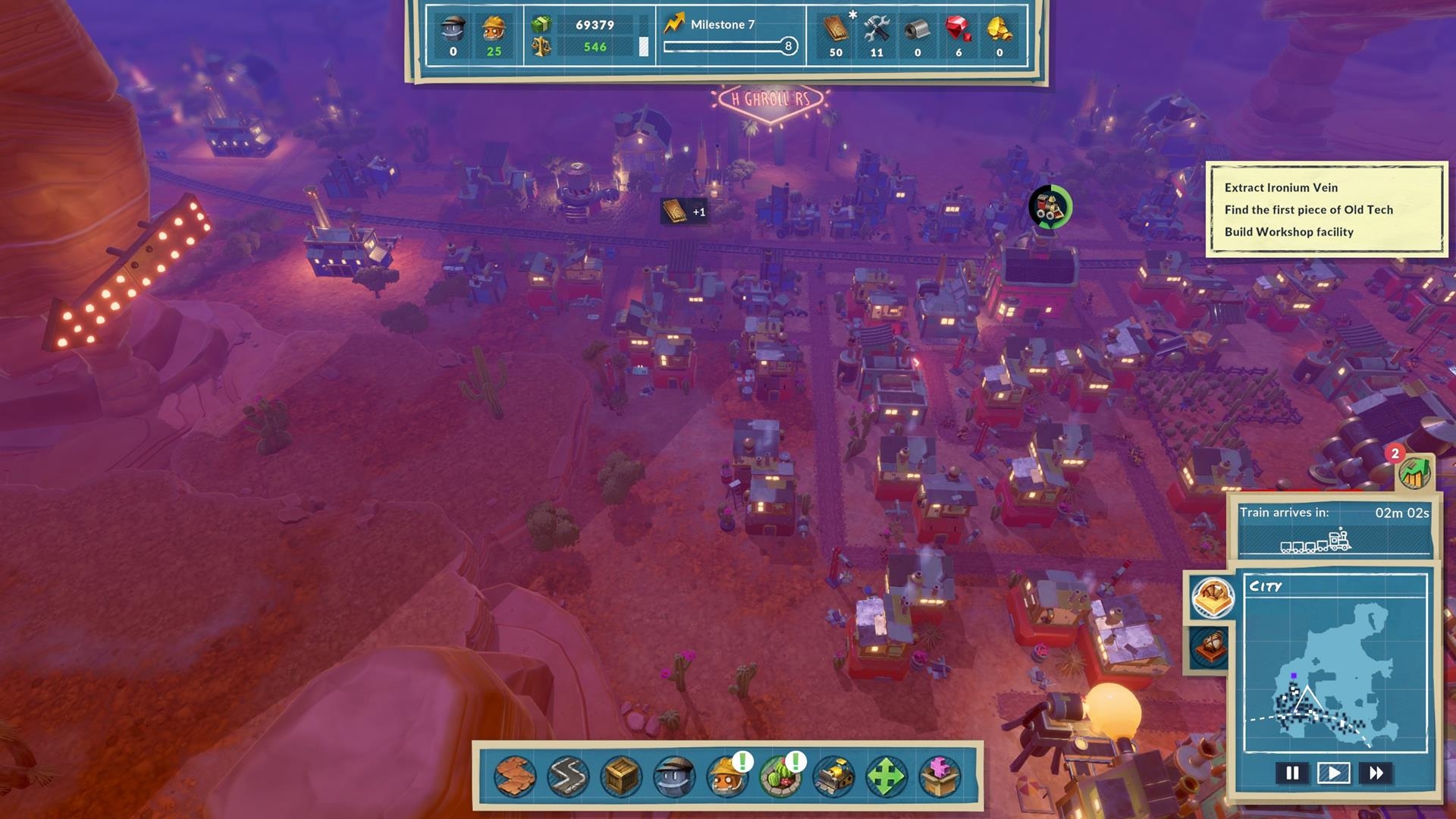 Revue de Steamworld Build : une ville animée éclairée par un soleil couchant violet.