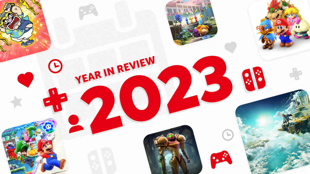 Une lecture graphique « Year in Review 2023 » entourée de captures d'écran de jeux Nintendo