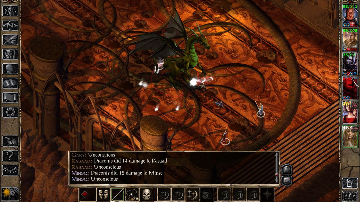 Un groupe comprenant les personnages Gary, Rasaad et Minsc affronte un dragon dans Baldur's Gate 2