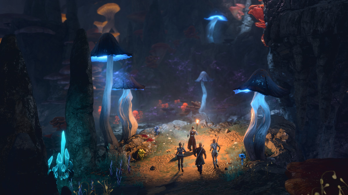 Quatre personnages de Baldur's Gate 3 traversent une zone éclairée par de gigantesques champignons luminescents bleus.