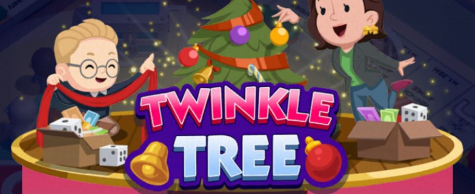 A header-sized image for the Twinkle Tree event in Monopoly GO. The image shows a young child with blonde hair wrapping tinsel around a Christmas tree while a woman with dark hair hangs ornaments.