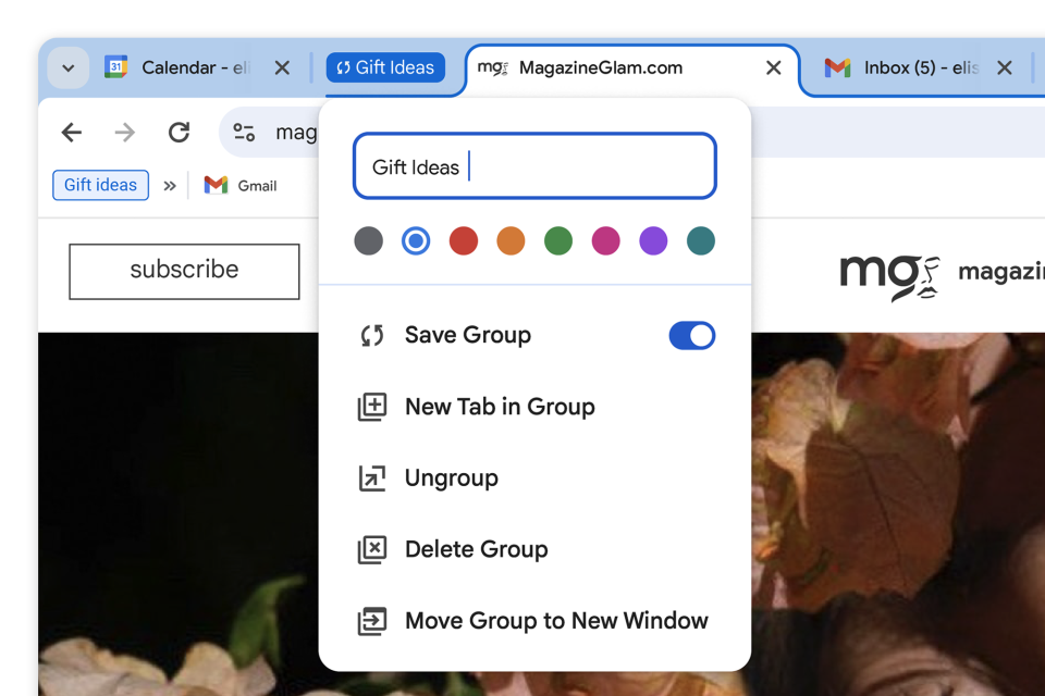 Capture d'écran d'une prochaine version de Chrome avec des groupes d'onglets enregistrés.  Plusieurs onglets sont ouverts et l'utilisateur les enregistre sous le nom 