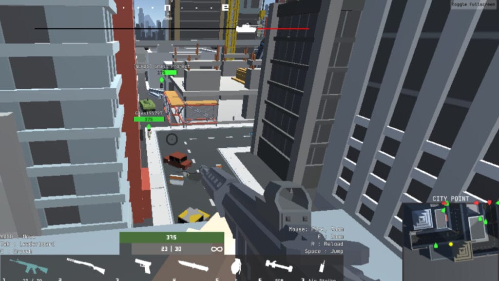 Le joueur pointe son fusil dans une rue dans War Brokers
