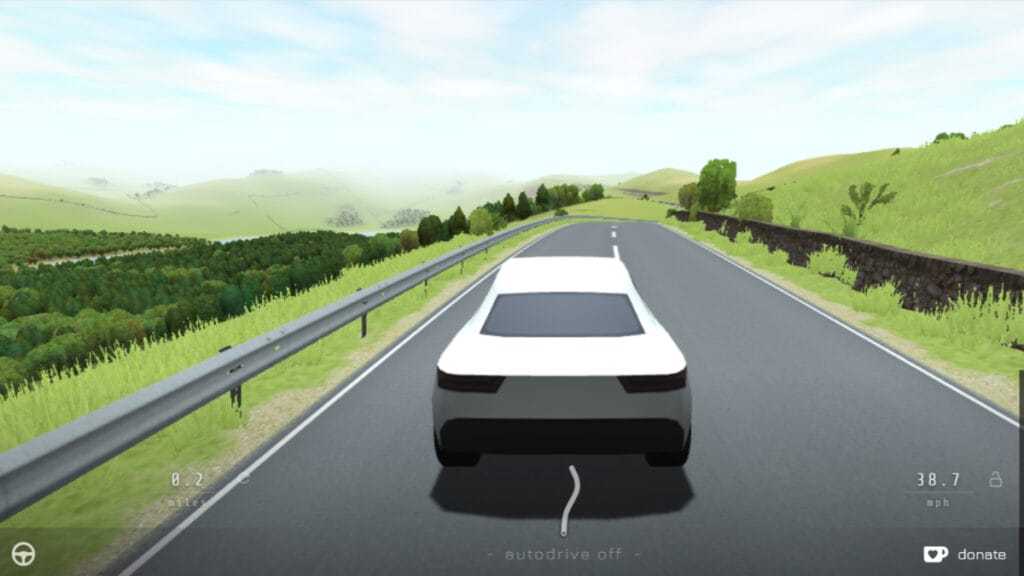 Une voiture roule sur la route dans Slow Roads, l'un des meilleurs jeux par navigateur