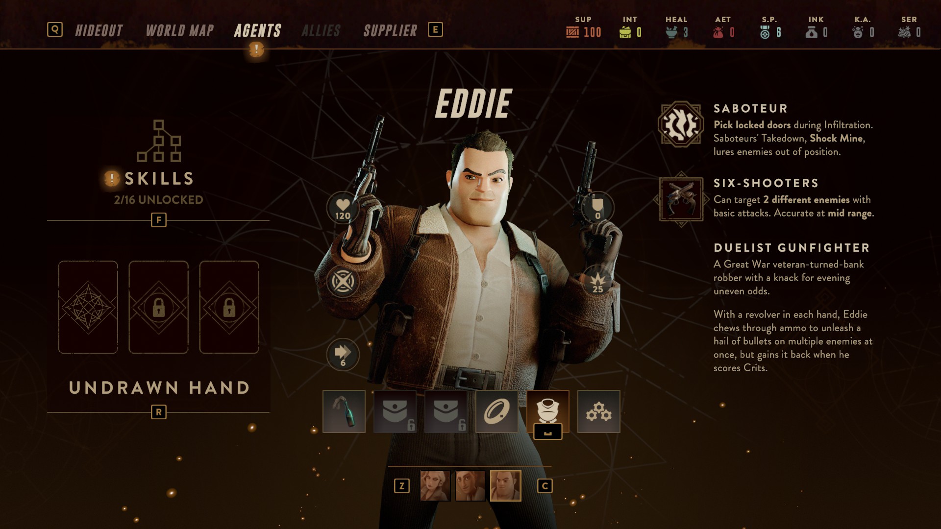 L'écran de statistiques d'Eddie, un personnage jouable de la Lamplighters League.