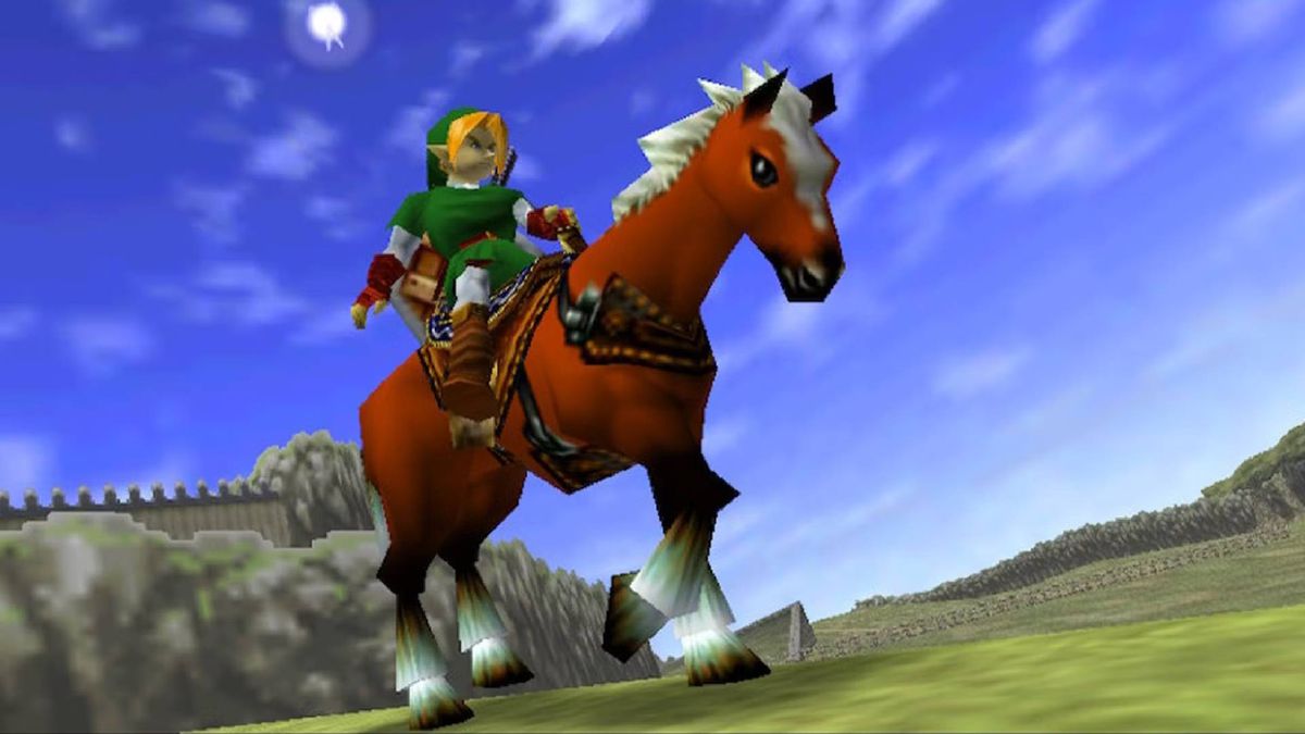 Un Link polygonal chevauche son cheval Epona dans Legend of Zelda : Ocarina of Time