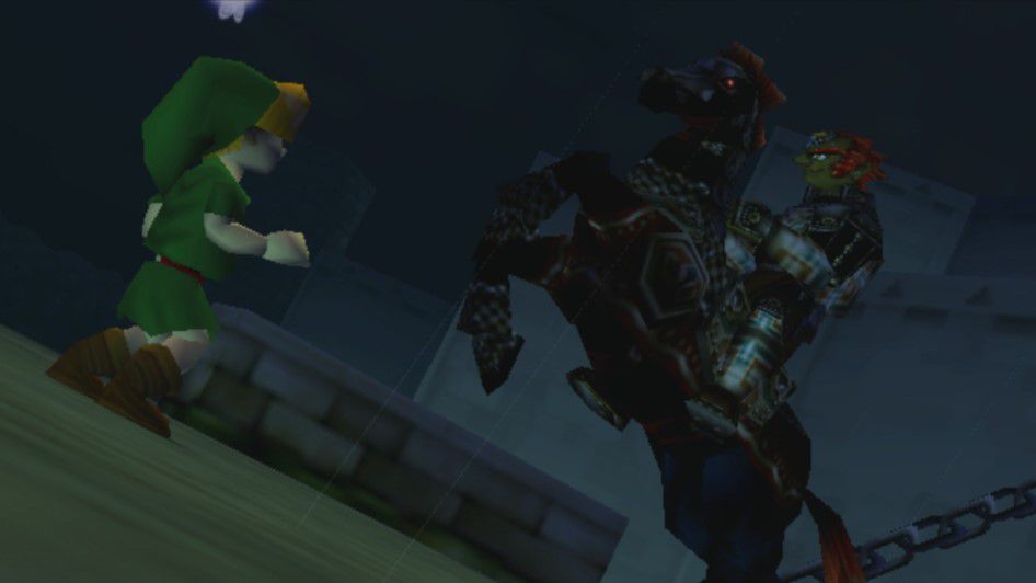 Link, un enfant, affronte le méchant Ganondorf aux cheveux roux, chevauchant un coursier, dans Zelda : Ocarina of Time.