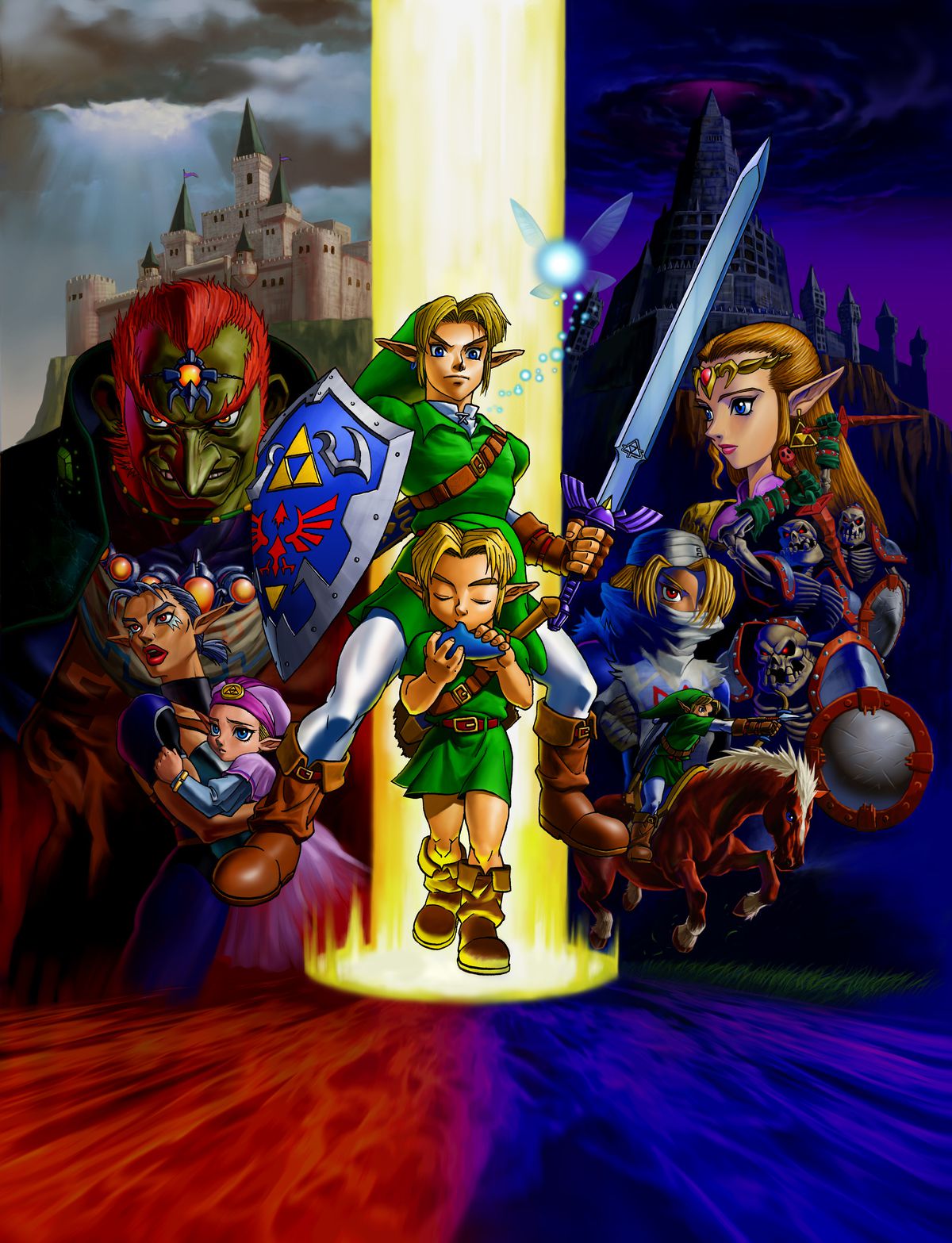 Illustration montrant tous les personnages principaux de Zelda : Ocarina of Time, y compris Link enfant et adulte au centre. 