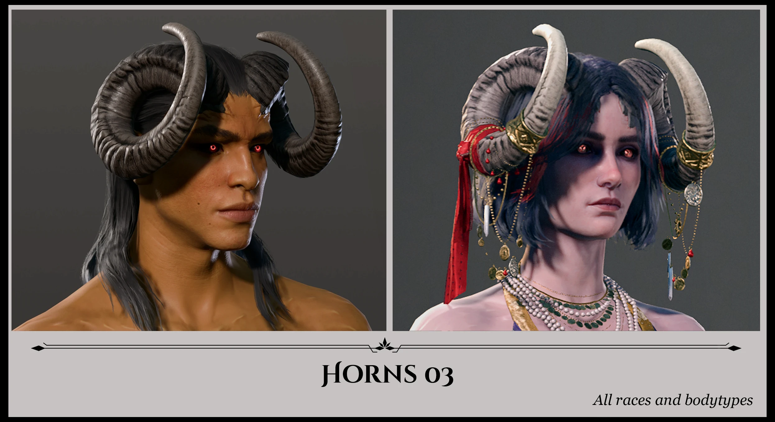 Portraits de deux personnages de Baldur's Gate 3, avec des cornes en forme de bélier, gracieuseté du mod Horns of Faerun.