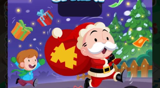 A header image for the Santa's Sprint event in Monopoly GO that shows Mr. Monopoly running around dressed up as Santa Claus while a child chases him.