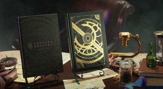 Two copies of the Candela Obscura rulebook on a table littered with 19th/20th century paraphernalia like compasses, papers, and stoppered potion vials