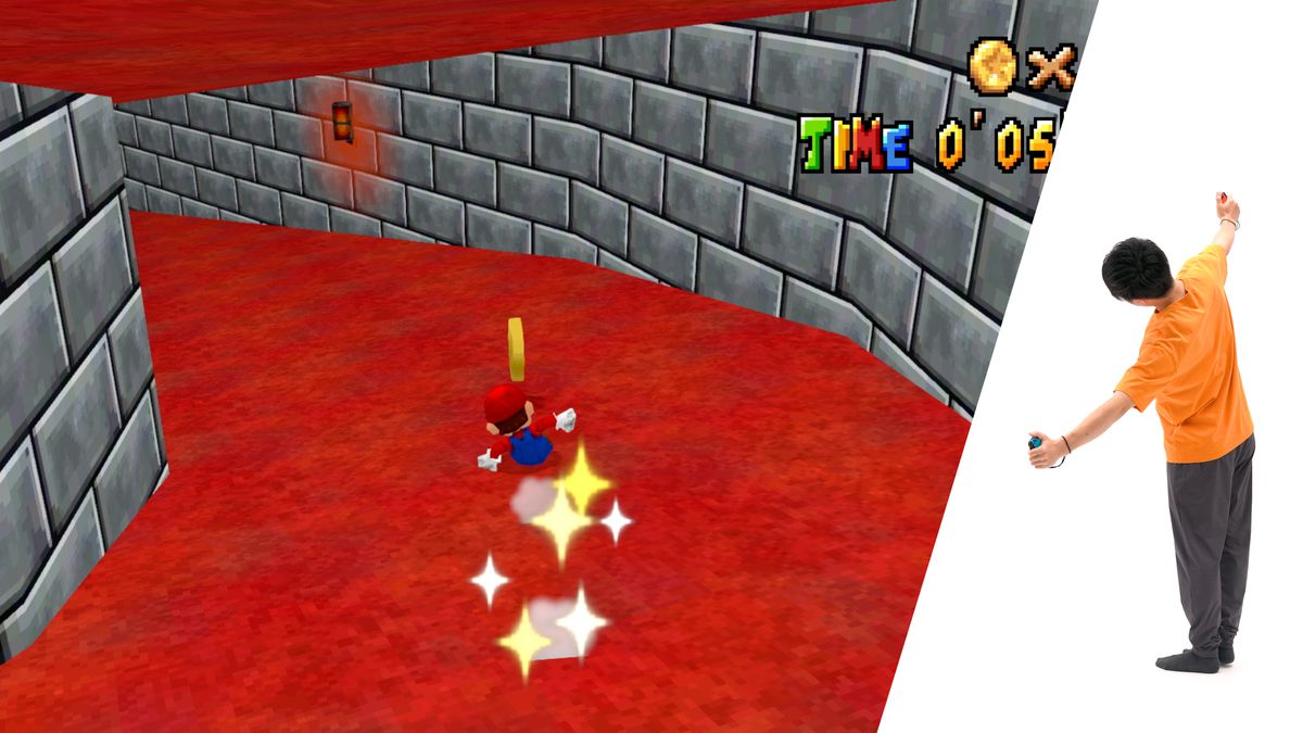 Mario glisse dans un tunnel dans une reconstitution du niveau Super Mario 64 dans WarioWare : Move It !  En médaillon se trouve une photo d'un joueur penché vers la gauche, les bras tendus pour imiter la pose de Mario.