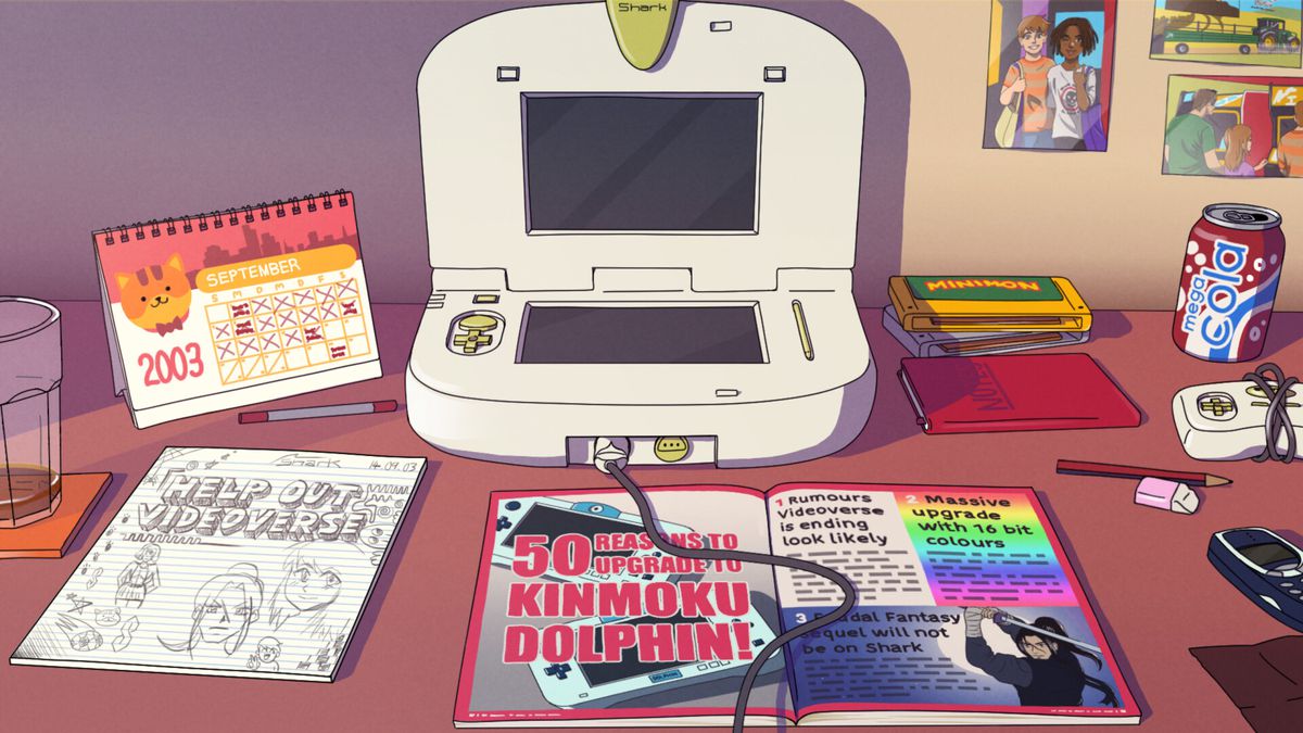 Capture d'écran de Videoverse montrant une console de jeu vidéo fictive qui ressemble à une Nintendo 3DS encombrante, ainsi que des magazines, des sodas et un calendrier sur un bureau.