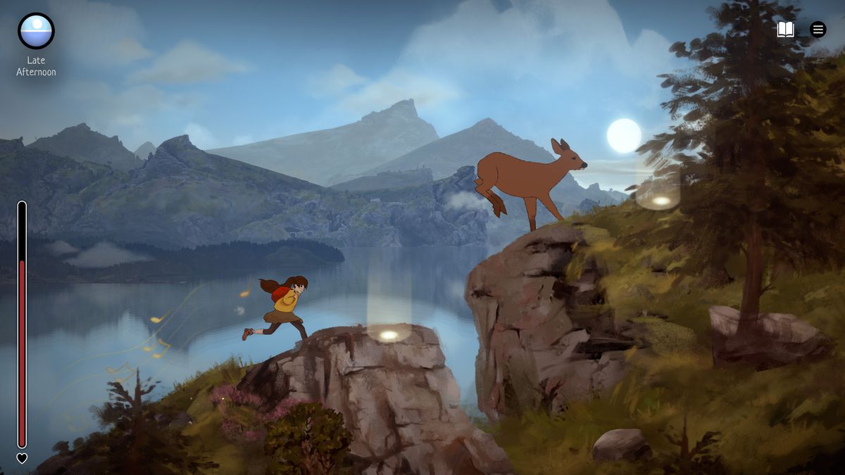 Une fille court sur une montagne dans les Highlands écossaises dans A Highland Song.  Un cerf se précipite devant elle.
