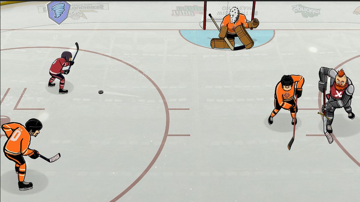 Capture d'écran de Tape to Tape montrant un groupe de joueurs de hockey sur la glace.  Une équipe porte du orange, l'autre du noir.