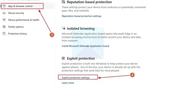 Ouvrir les paramètres d'Exploty Sécurité Windows