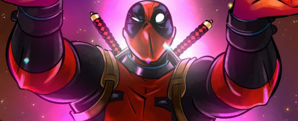 close up of the penny arcade deadpool variant in marvel snap