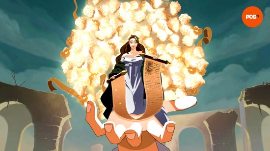 Meilleurs jeux des soldes d'hiver Steam 2023 - Blasphemous 2 : une femme tenant un grand parchemin se tient sur une main géante.  Un nuage de têtes d'enfants apparaît dans une boule de lumière derrière elle.
