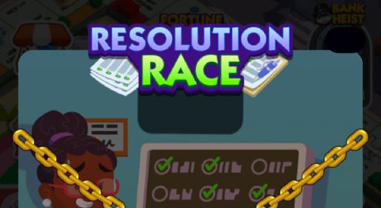A header-sized image for the Resolution Race tournament in Monopoly GO, showing the logo for the event and a woman in the background.