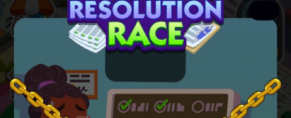 A header-sized image for the Resolution Race tournament in Monopoly GO, showing the logo for the event and a woman in the background.