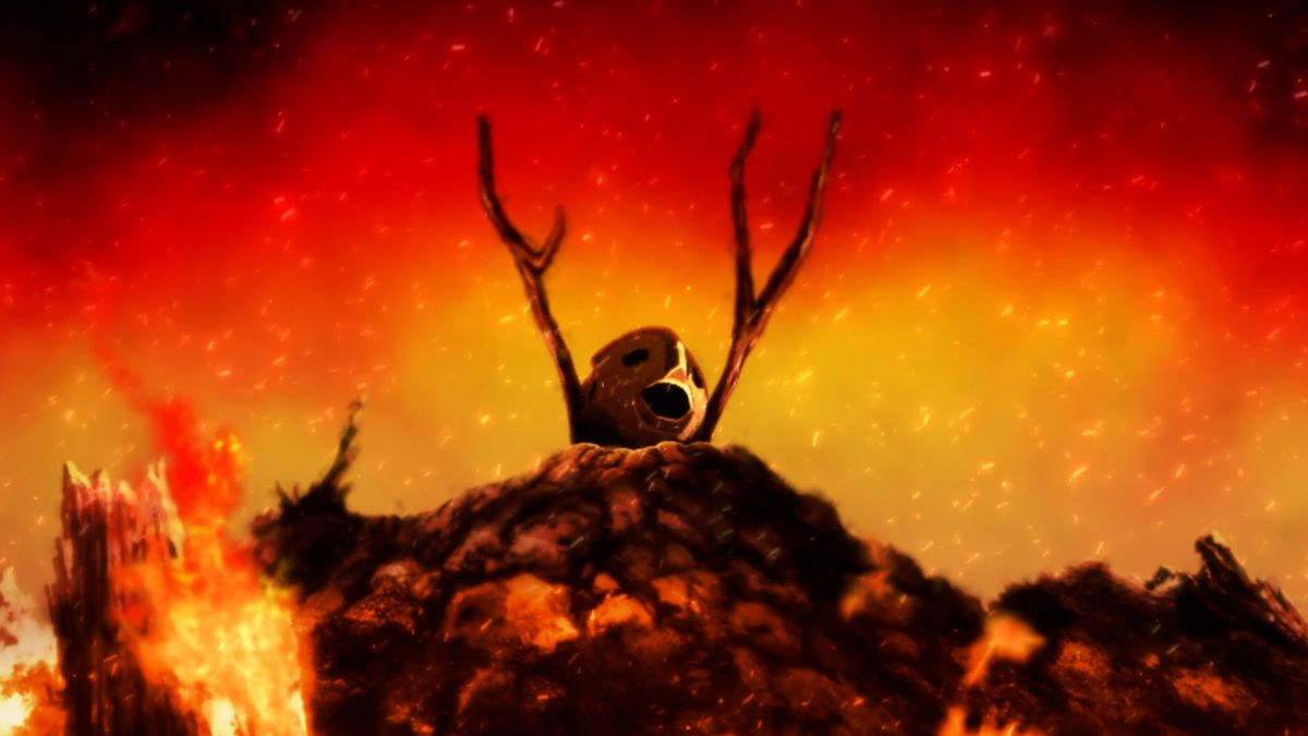 La tête du robot Mont Blanc est posée au sommet d'une colline entre deux branches d'arbre dans une forêt en feu, dans une scène de l'anime Netflix Pluto.