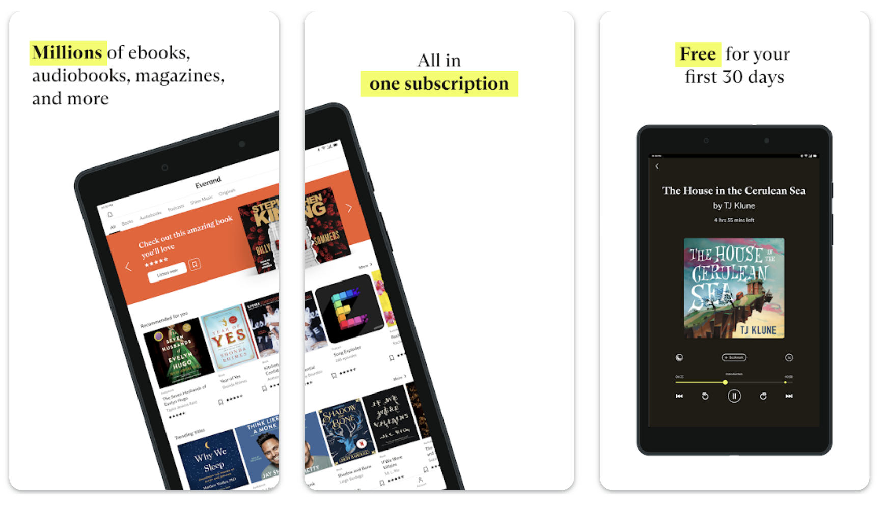 Titres de livres affichés sur l'application Everand sur iPad et mobile