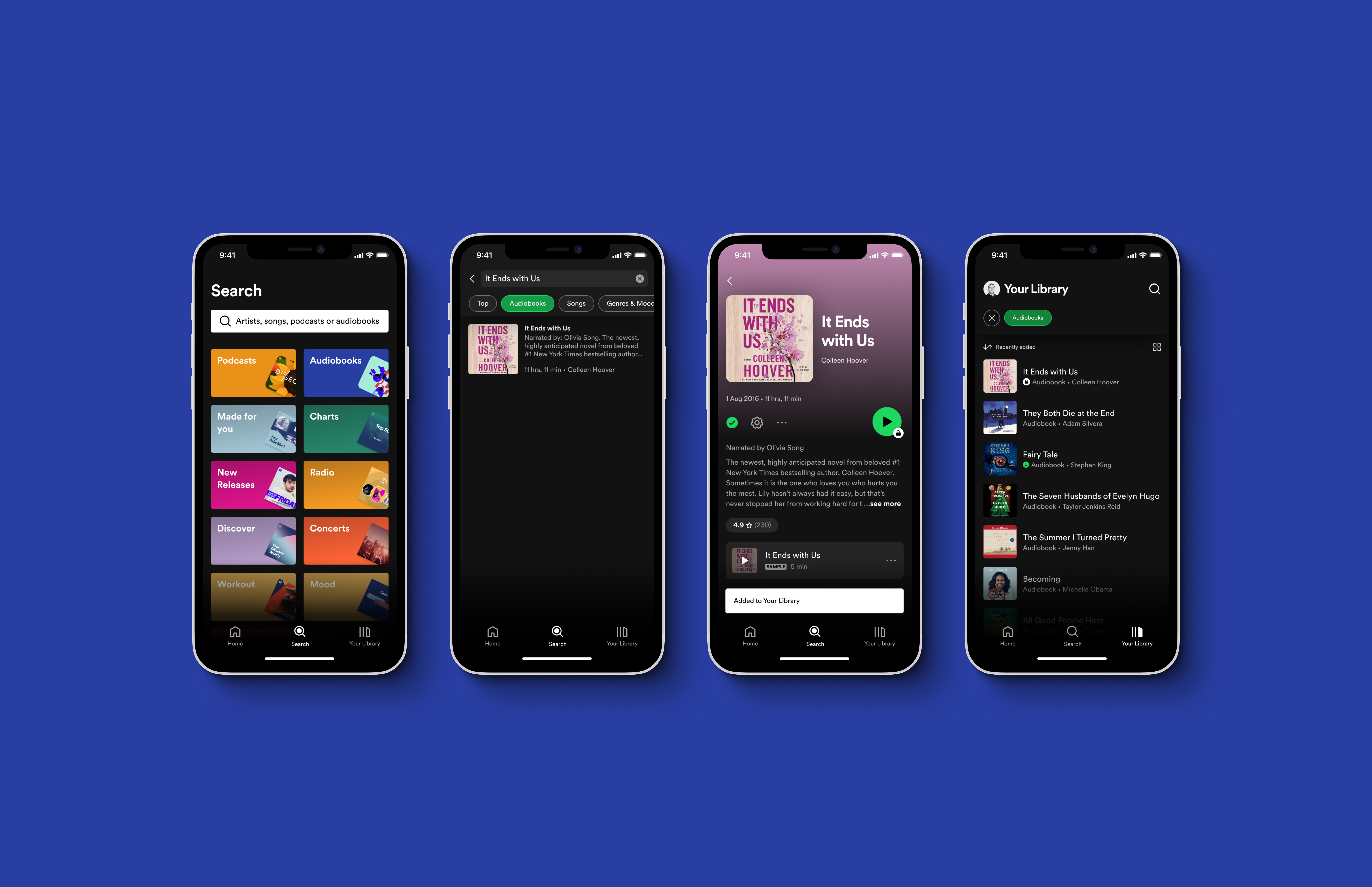 Écrans de livres audio Spotify sur 4 téléphones mobiles