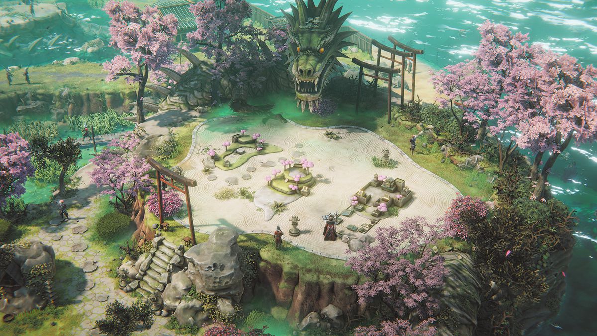 Yuki se faufile dans un paysage inspiré du Japon de la période Edo, avec des cerisiers en fleurs et des statues de dragon, dans Shadow Gambit: The Cursed Crew