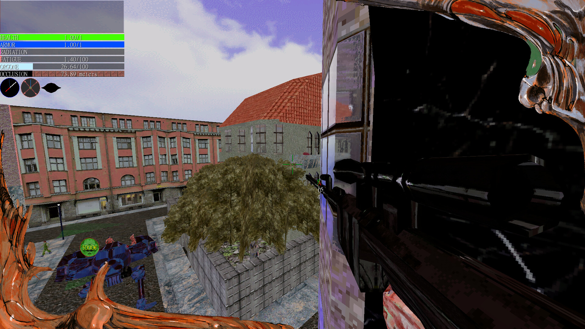 Capture d'écran en cours de développement du jeu Psycho Patrol R. Il s'agit d'un style graphique low-poly et basse fidélité avec des couleurs et des éléments d'interface délibérément conflictuels.