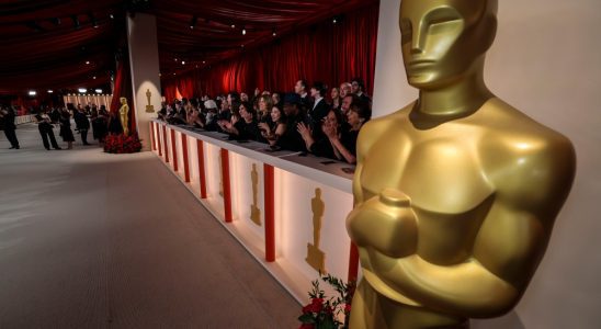 An Oscar statue is seen on the Champagne Carpet of the 95th Academy Awards