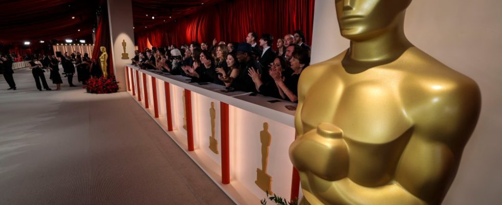 An Oscar statue is seen on the Champagne Carpet of the 95th Academy Awards