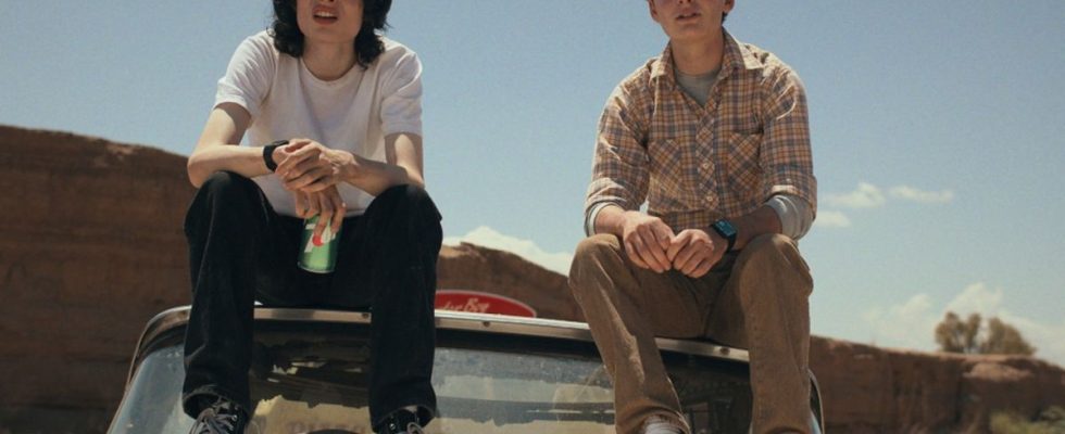 Mike and Will sitting on top of a car on Stranger Things looking into the distance.