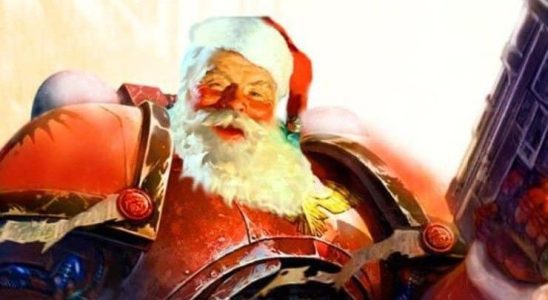 An image of a Warhammer 40k space marine, but with Santa