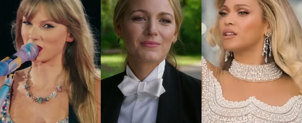 From left to right: screenshots of Taylor Swift talking into a mic during the Eras Tour, Blake Lively in A Simple Favor and Beyonce singing during the Renaissance Tour trailer.