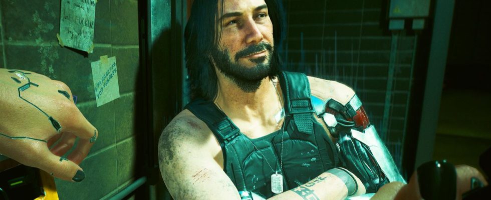Cyberpunk 2077 character Johnny Silverhand with arms crossed looks away from the camera and smiles