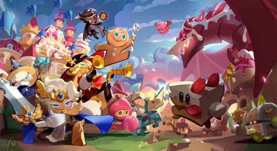 A header image for Cookie Run Kingdom showing the main cookies about to attack some of the game's monsters. The image was originally used as part of an article on if you can play Cookie Run Kingdom on PC.