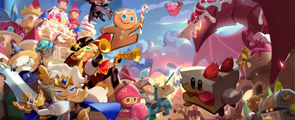 A header image for Cookie Run Kingdom showing the main cookies about to attack some of the game's monsters. The image was originally used as part of an article on if you can play Cookie Run Kingdom on PC.