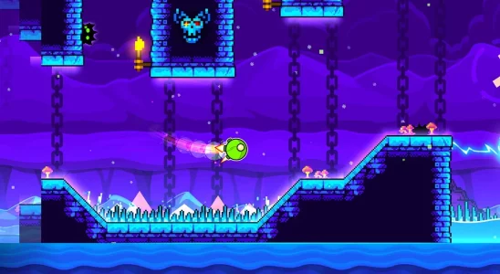 Geometry Dash: a green spaceship moving through a level with a purple background.