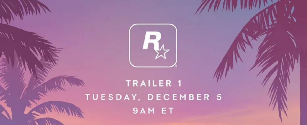 The GTA 6 trailer announcement on a pink sunset with palm trees either side.
