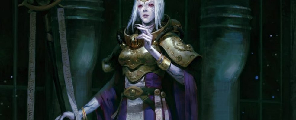 White-haired woman with red eyes standing in a dark room with pillars in Warhammer 40K: Rogue Trader artwork.