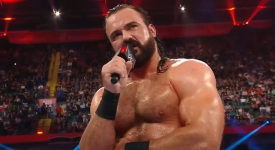 Drew McIntyre speaking to the Cardiff audience