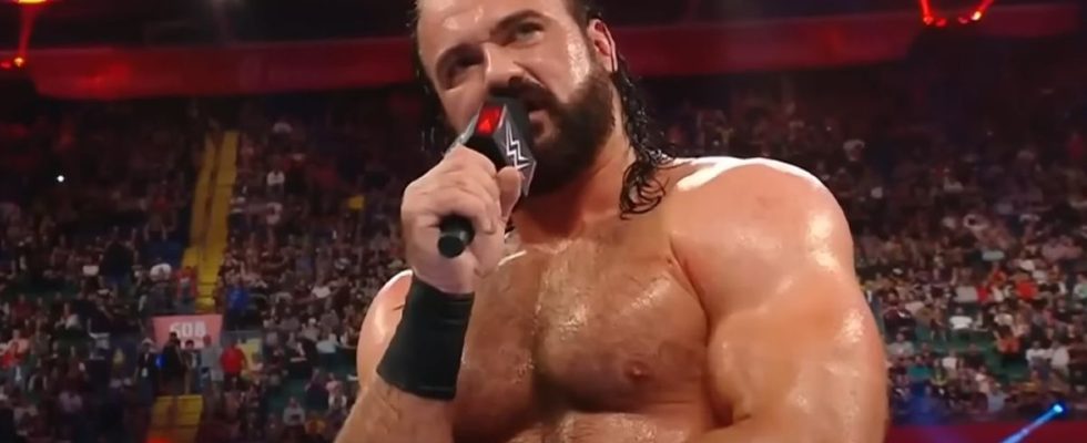 Drew McIntyre speaking to the Cardiff audience