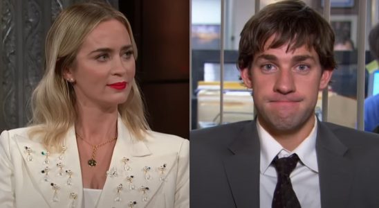 From left to right: screenshots of Emily Blunt on Stephen Colbert